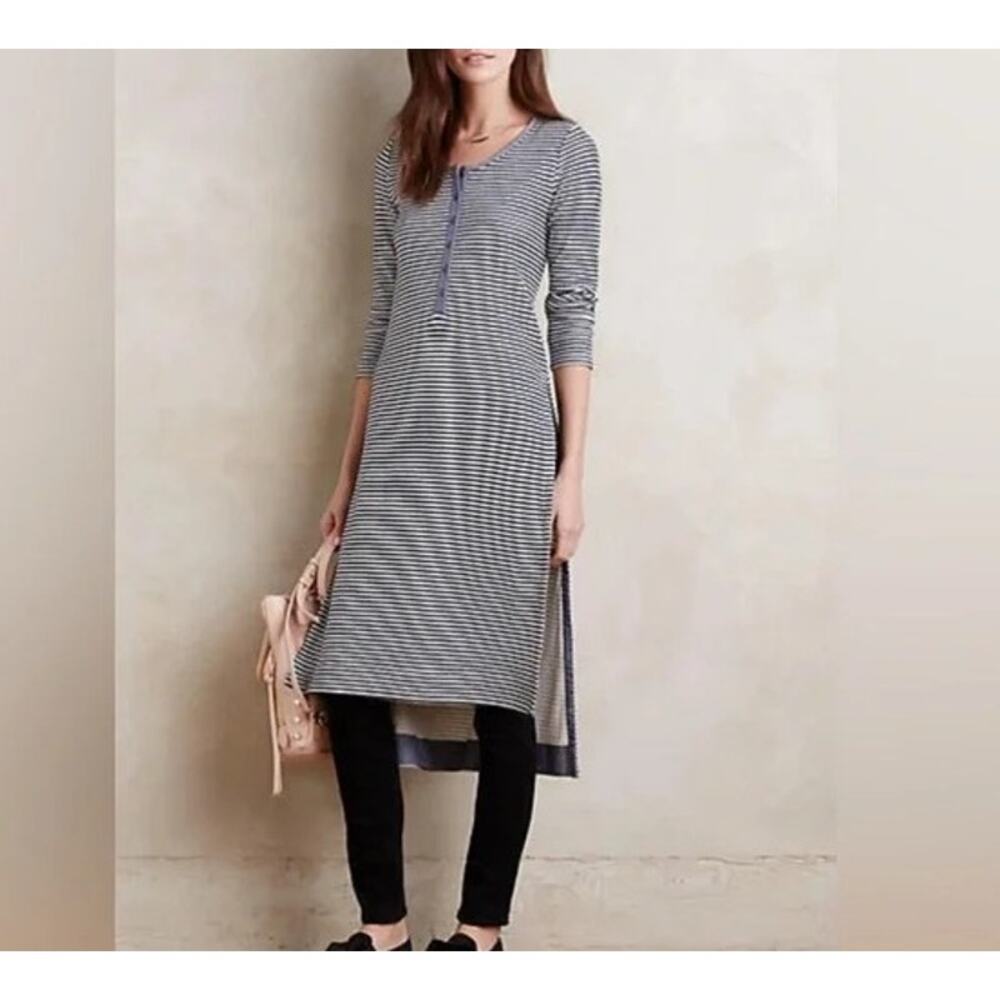 Anthropologie Postmark Blue Striped Henley Split Tunic Dress Long Sleeve Size XS